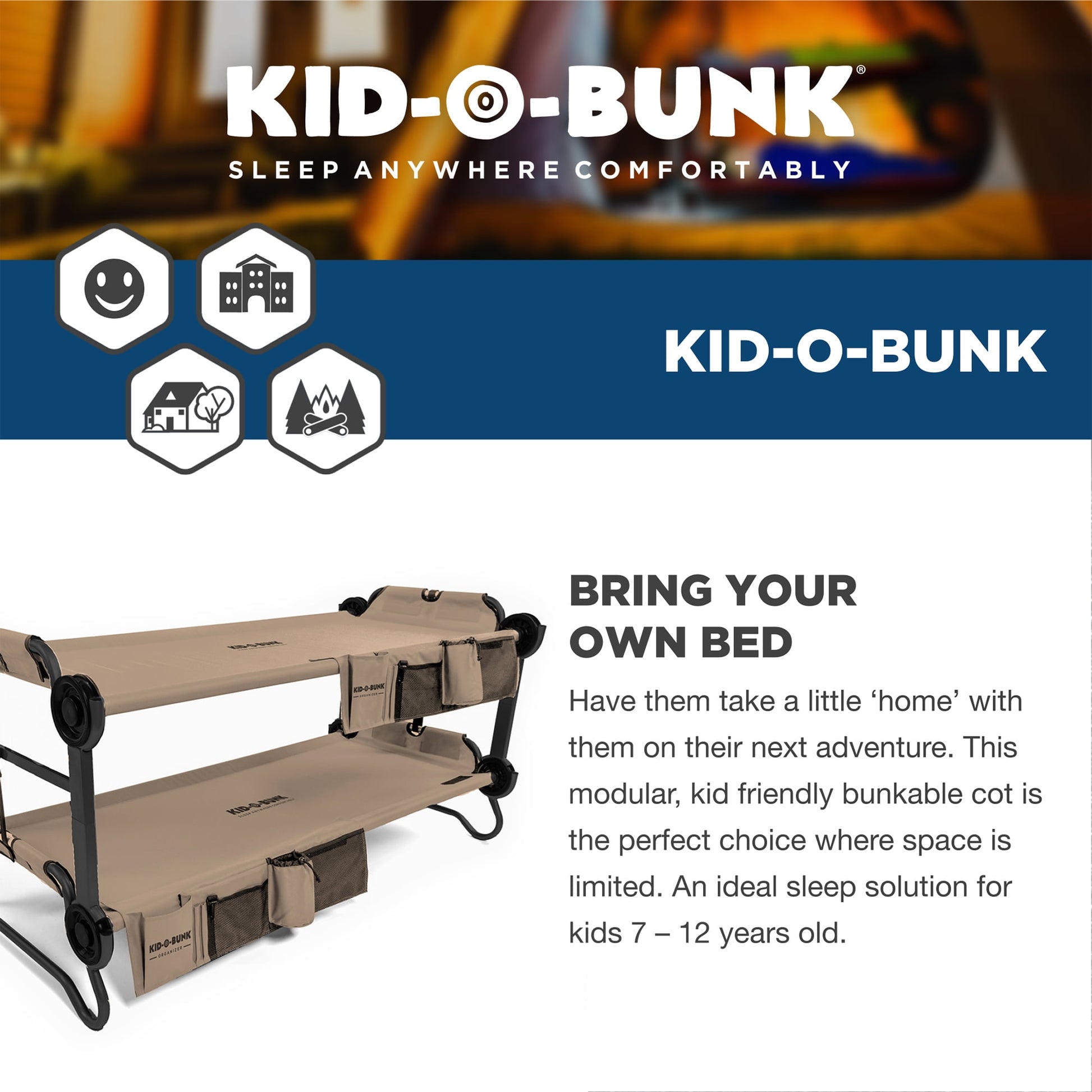 Kid-O-Bunk Benchable Double Toddler Bed with Storage Organizers, Tan