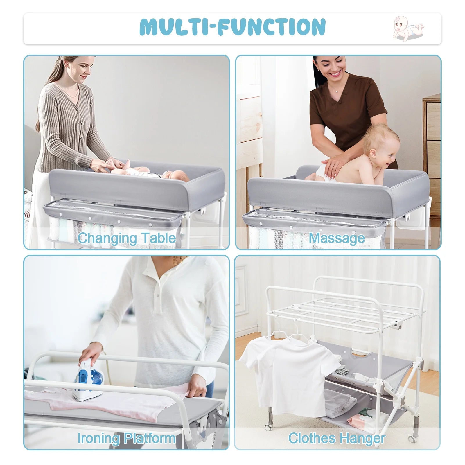 Portable Baby Changing Table with Wheels,Adjustable Height ,Foldable Diaper Change Table with Cleaning Bucket , Nursery Organizer & 2 Tier Storage Rack, Infant Newborn Mobile Nursery Organizer