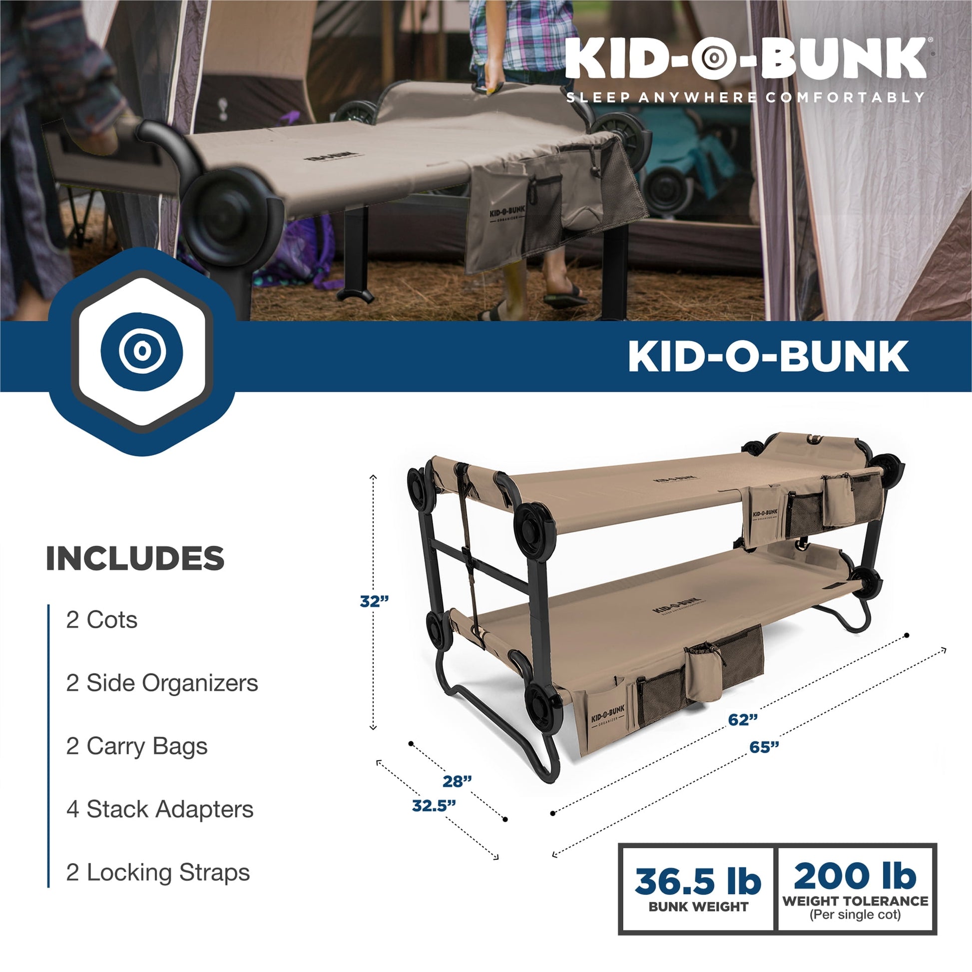 Kid-O-Bunk Benchable Double Toddler Bed with Storage Organizers, Tan