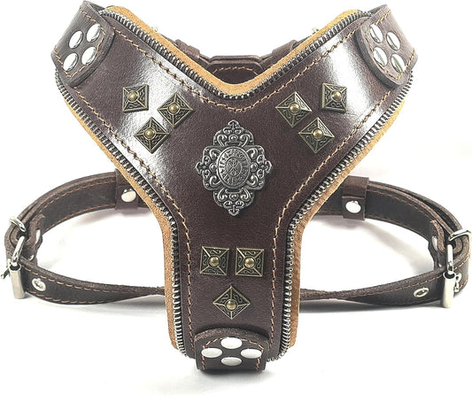 Aztec Big Dog Leather Harness. 2 Tone Rivet Decorations. Zipper Decoration. Foam and Leather Padding Handmade in Europe.