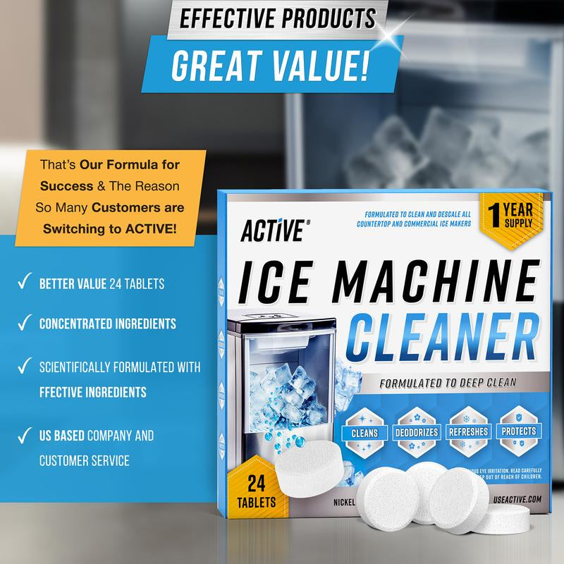 Ice Machine Cleaner Maker Descaler - 24 ACTIVE Clean Tablets Compatible with Frigidaire, Opal, GE Profile, Kitchenaid, Nickel Safe Scale Remover for Countertop, Nugget Ice Makers - Bulk 1 Year Supply Key Product Feature