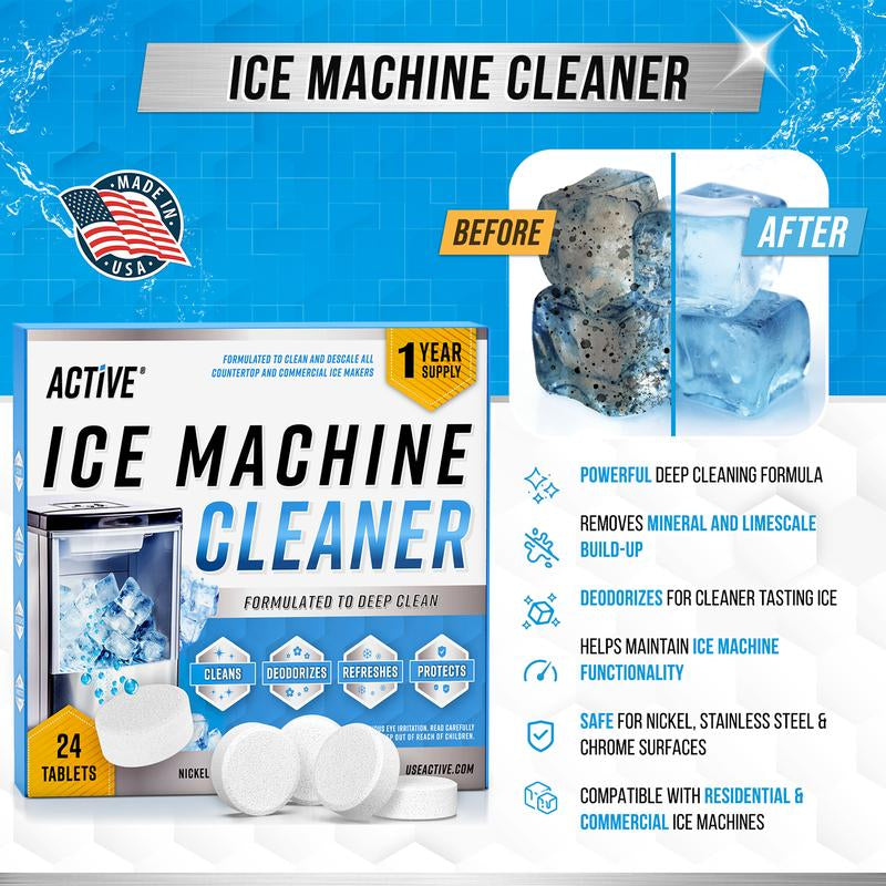 Ice Machine Cleaner Maker Descaler - 24 ACTIVE Clean Tablets Compatible with Frigidaire, Opal, GE Profile, Kitchenaid, Nickel Safe Scale Remover for Countertop, Nugget Ice Makers - Bulk 1 Year Supply Key Product Feature