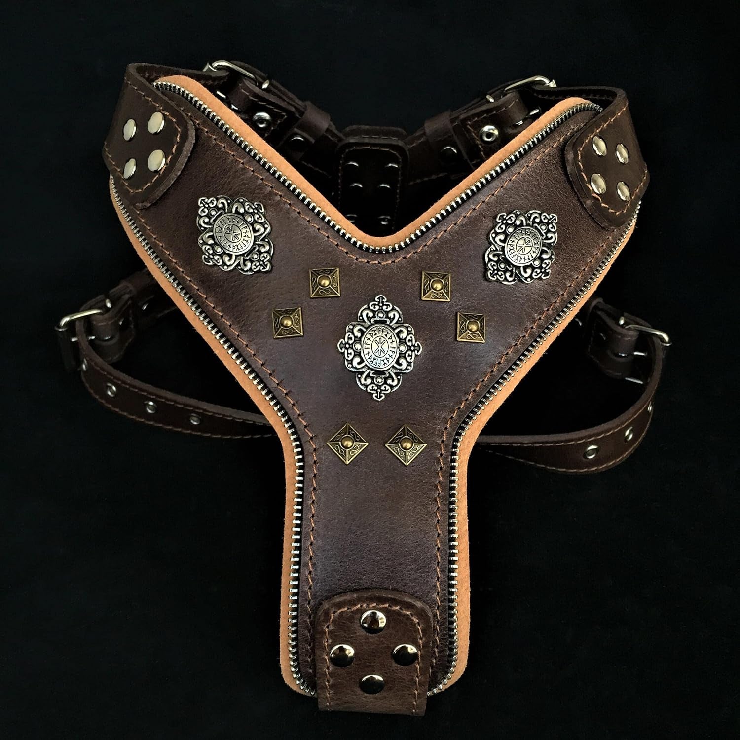 Aztec Big Dog Leather Harness. 2 Tone Rivet Decorations. Zipper Decoration. Foam and Leather Padding Handmade in Europe.