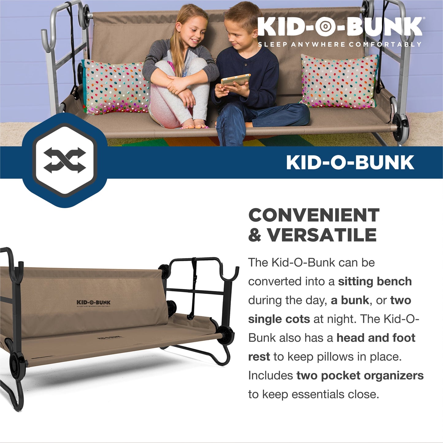 Kid-O-Bunk Benchable Double Toddler Bed with Storage Organizers, Tan